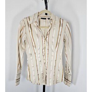 Women’s New York & Company Stretch Beige and Brown Striped Button Down Top SZ XS